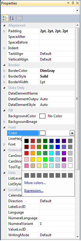 ssrs development properties window for colors and expressions