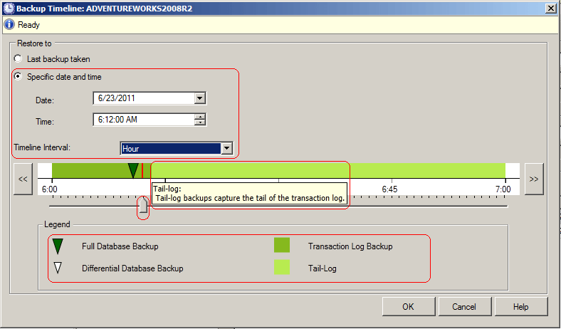 sql server backup timeline dialog window