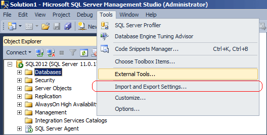 SSMS import and export settings feature