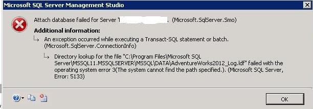 ssms attach database error