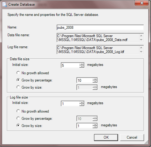 Create Database window in the Import and Export Wizard