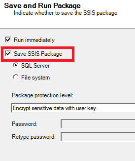 Save and Run Package screen in the SQL Server Import and Export Wizard