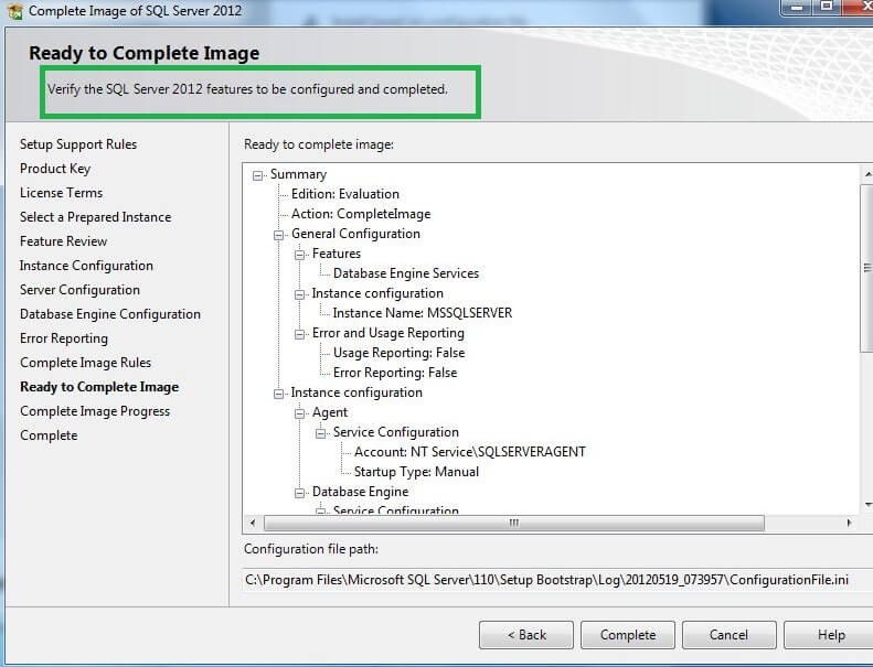 Click on "Complete" to Complete SQL Server installation using sysprep.