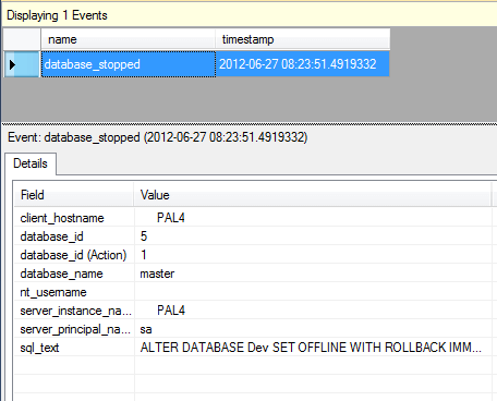Event data captured when a SQL Server database is set offline in Extended Events