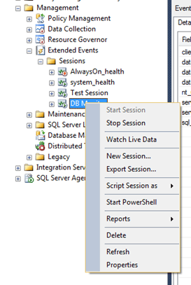 Extended Events options in SQL Server Management Studio