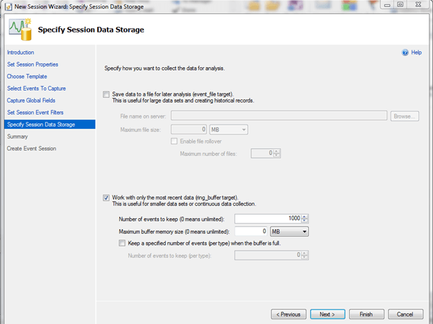 Specify Session Data Storage in SQL Server 2012 Extended Events