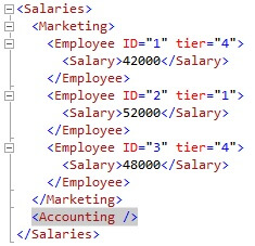 The Accounting node was added inside the Salaries node by simply using the insert...into format. 