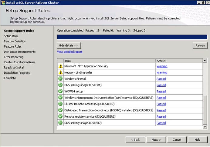 The SQL Server 2012 Setup Support Rules dialog box