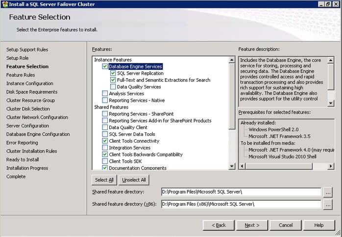The SQL Server 2012 Feature Selection dialog box
