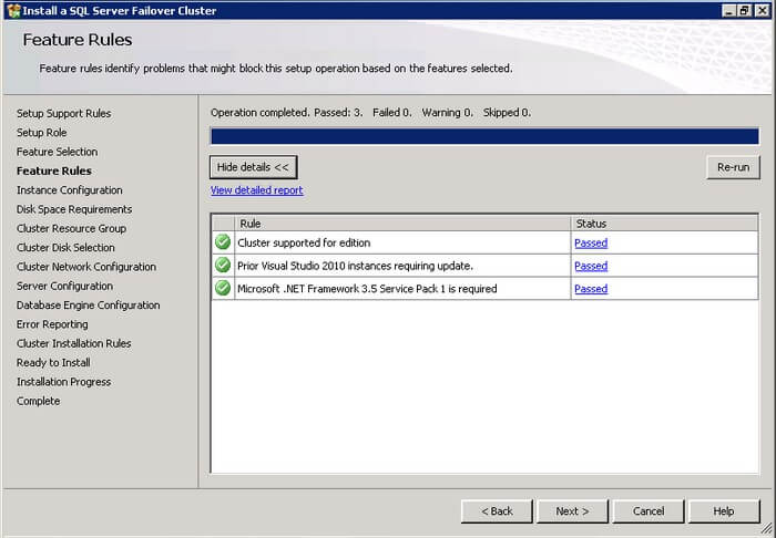 verify that all the rules have passed on the SQL Server 2012 Features Rules dialog box