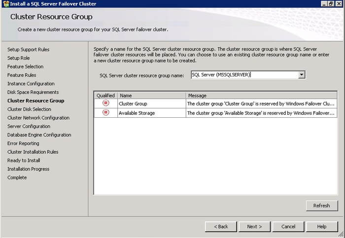 SQL Server 2012  Cluster Resource Group dialog box