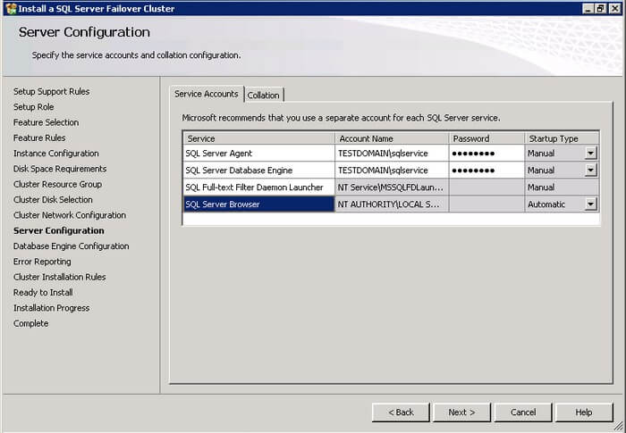 SQL Server 2012 Server Configuration for service accounts and collation