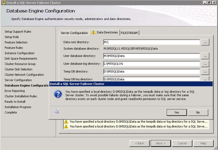 The Database Engine Configuration dialog box includes the data directories for all databases