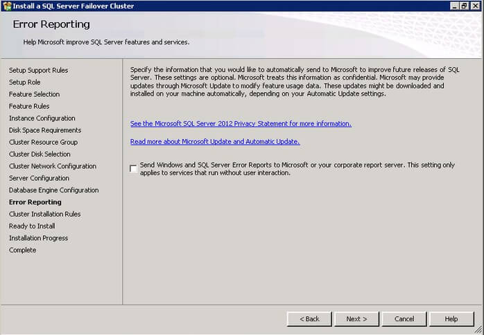 The SQL Server 2012 Error and Usage Reporting dialog box