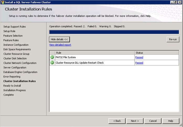 The SQL Server 2012 Cluster Installation Rules dialog box