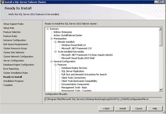 The SQL Server 2012 Ready to Install dialog box
