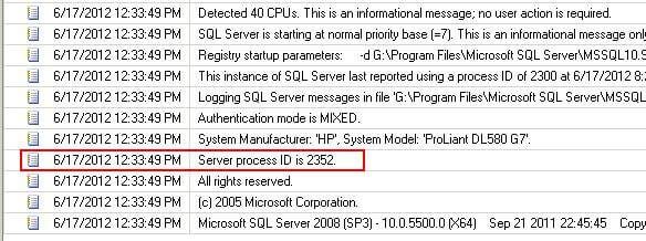  SQL Server error log to determine the PID for the SQL Server processes