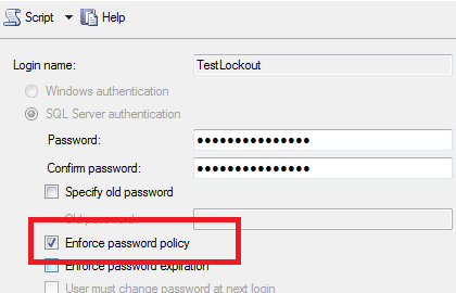 SQL Server Management Studio Login Properties for Enforce password policy