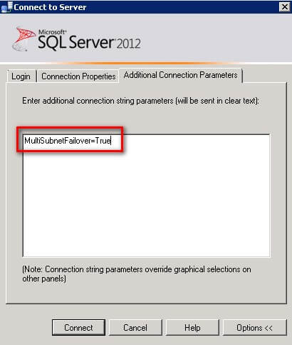 SQL Server Management Studio Additional Connection Parameters to set the MultiSubnetFailover to True