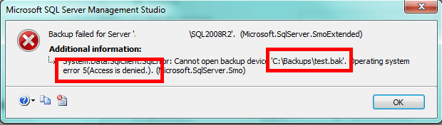 Access is denied error message from SQL Server Management Studio when you do not have permissions to the backup directory