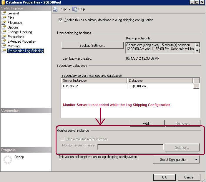 SQL Server Log Shipping Monitor server instance is not configured