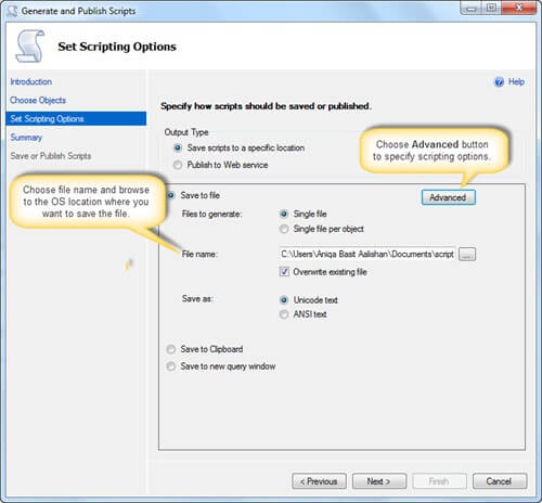 Choose option Specifying scripting options in the SQL Server Management Studio Generate Scripts Wizard
