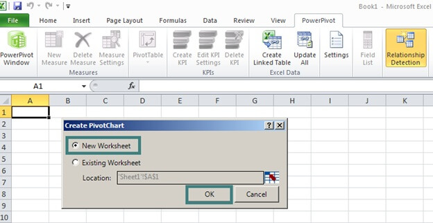 Select a New Worksheet to display the chart in PowerPivot 