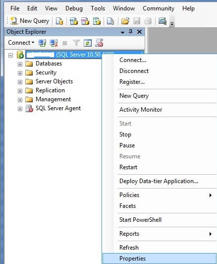 Right click on connected SQL Server Instance