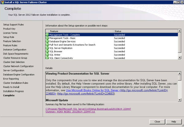 Continue through the remaining SQL Server cluster install steps