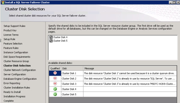 SQL Server Installation - Cluster Disk Selection