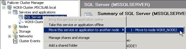 Failover Cluster Manager - Move this service or application to a different node