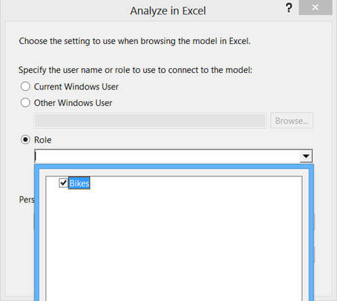 When you click on "Analyze in Excel" icon it will prompt you to specify the security role or perspective you want to analyze under