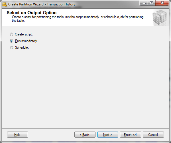 SQL Server Partition Wizard - Select an Output Option