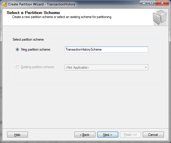 SQL Server Partition Wizard - Select a Partition Scheme