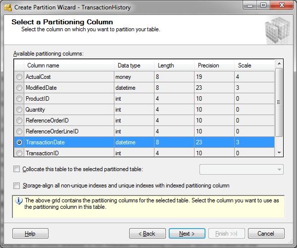SQL Server Partition Wizard - Select a Partitioning Column
