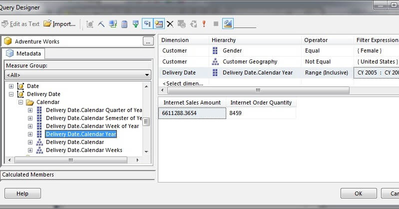 In Visual Studio Query Designer, choose the Calendar Year attribute of the Delivery Date role-playing dimension