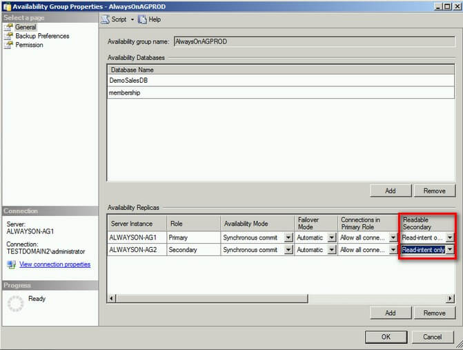 Configure the readable secondary option to read-intent only for SQL Server 2012 AlwaysOn Availability Groups