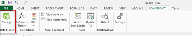 Open Excel, click the PowerPivot tab and the Manage icon
