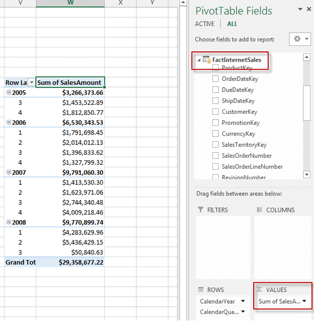 Add SalesAmount to the Values section of the worksheet