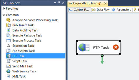 drag the FTP task from the SSIS Toolbox to the control panel
