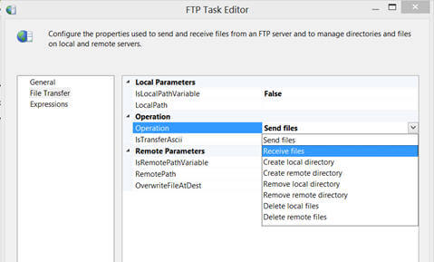 the FTP Transfer page of FTP Task Editor