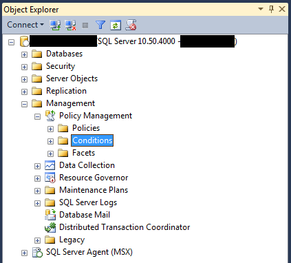 SQL Server Management Studio right-click the Conditions branch to create a new condition