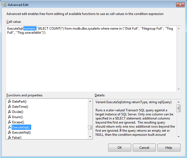 Now comes the fun part, adding T-SQL into the condition in the Advanced Edit screen