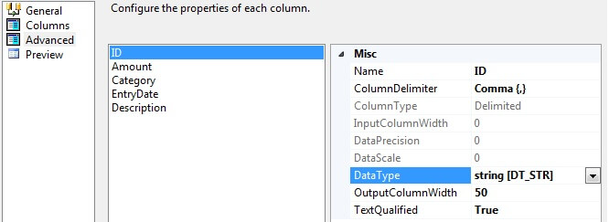 By default, SSIS sets the "DataType" for each column to string [DT_STR], "OutputColumnWidth" to 50