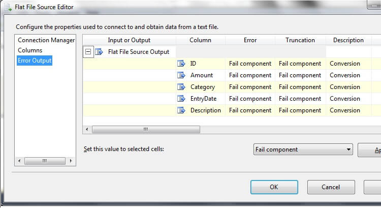 the Error Output page of the Flat File Source Editor