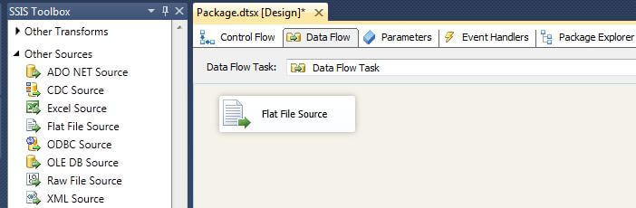 drag a Flat File Source from the SSIS Toolbox
