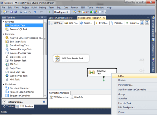 In BIDS or SSDT, drag the Data Flow Task into design view