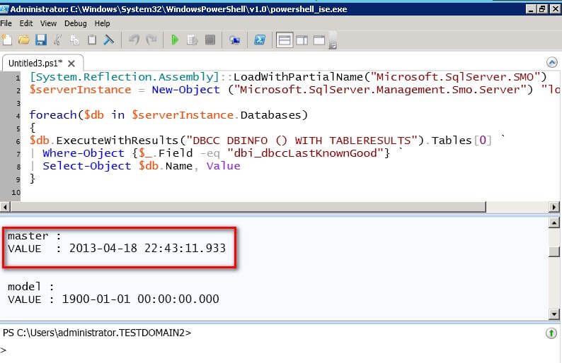 Windows PowerShell code to with the Select-Object cmdlet to capture the dbi_dbccLastKnownGood value