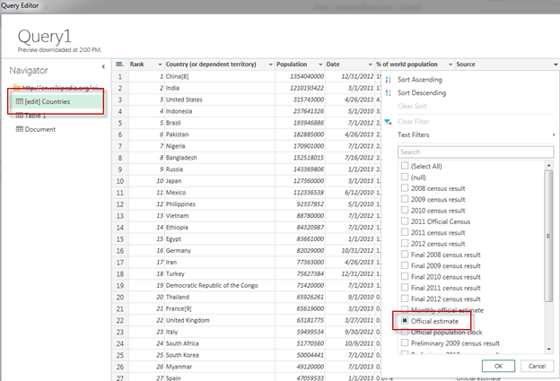 In the Query Editor under Navigator, select Countries