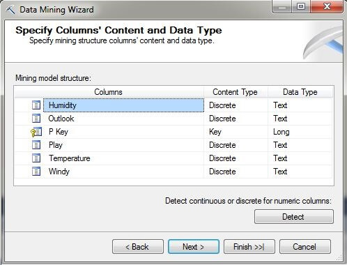 Specify Columns' Content and Data Type page